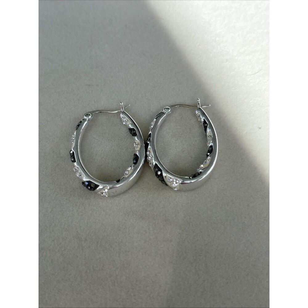 Estate Jewelry JCM Silver over Brass BLACK RHINESTONE HOOP Pierced Earrings 3/4"